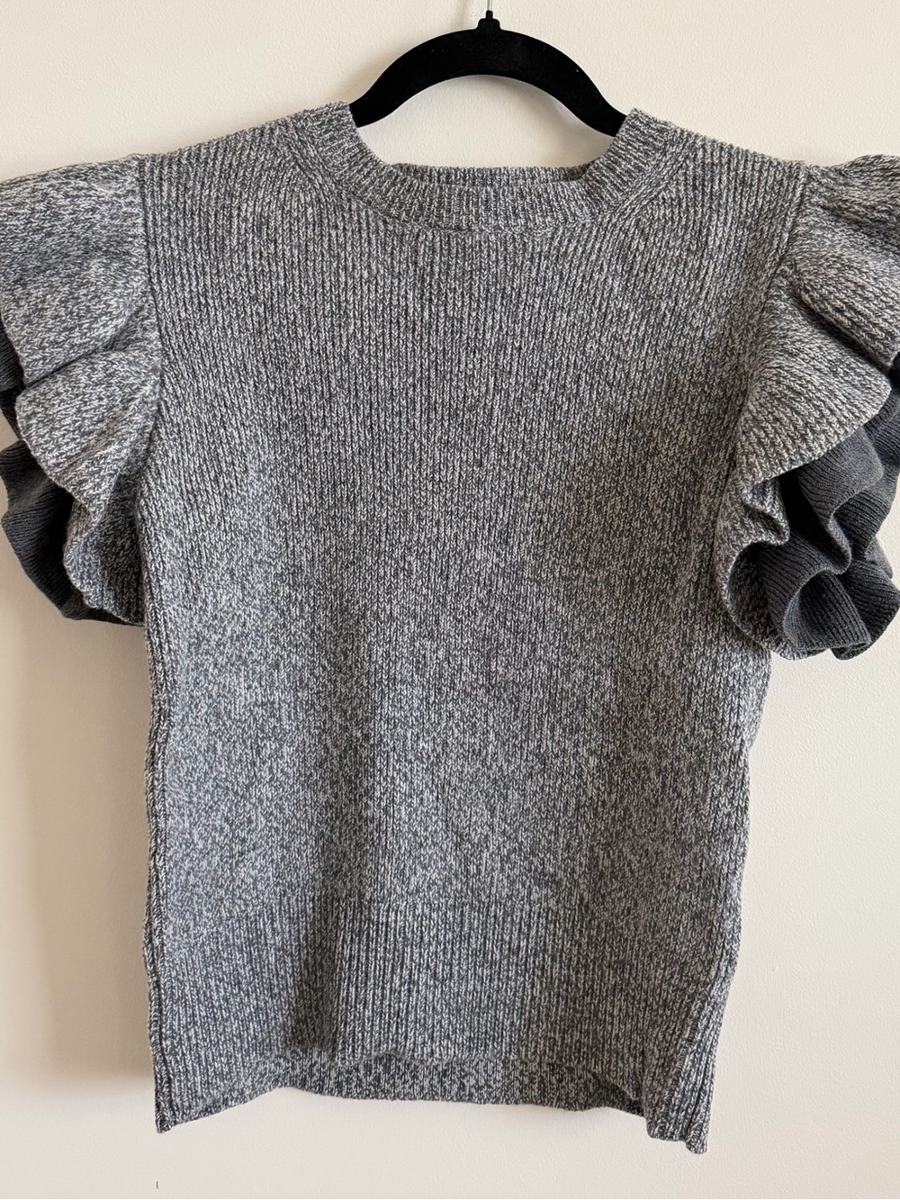 Club Monaco Gray Ruffle-Sleeve Crewneck Sweater